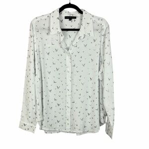 Jane + Delancey Bird Print Button Front Blouse XL White Long Sleeve Novelty